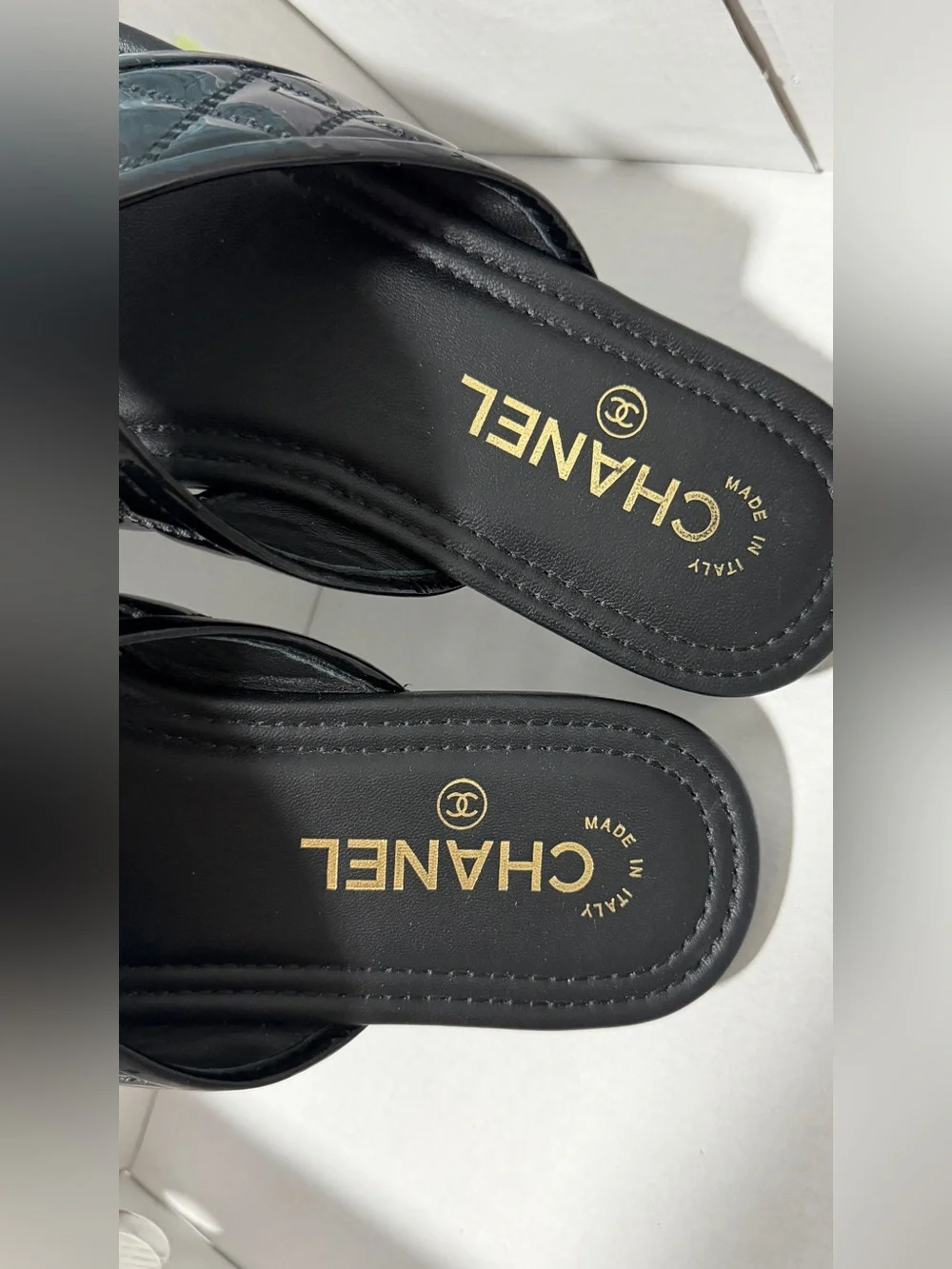 CHANEL Black Quilted Patent Leather Slide Sandals